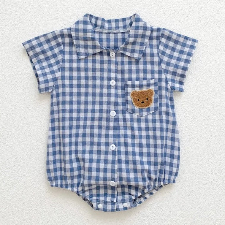Checked baby romper with buttons – soft cotton, bear embroidery | unisex
