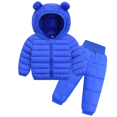 Puffer jacket and trousers set with ear hood – warm, lightweight, zip fastening | kids