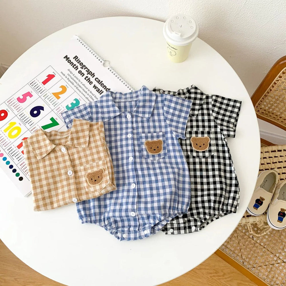 Checked baby romper with buttons – soft cotton, bear embroidery | unisex