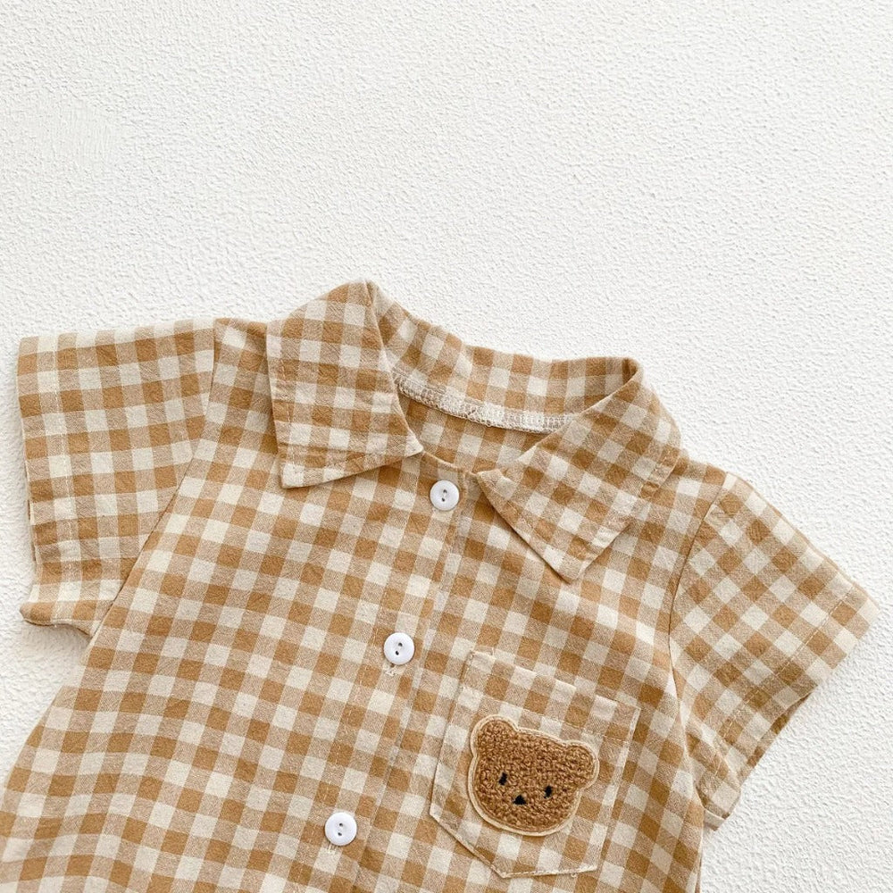 Checked baby romper with buttons – soft cotton, bear embroidery | unisex