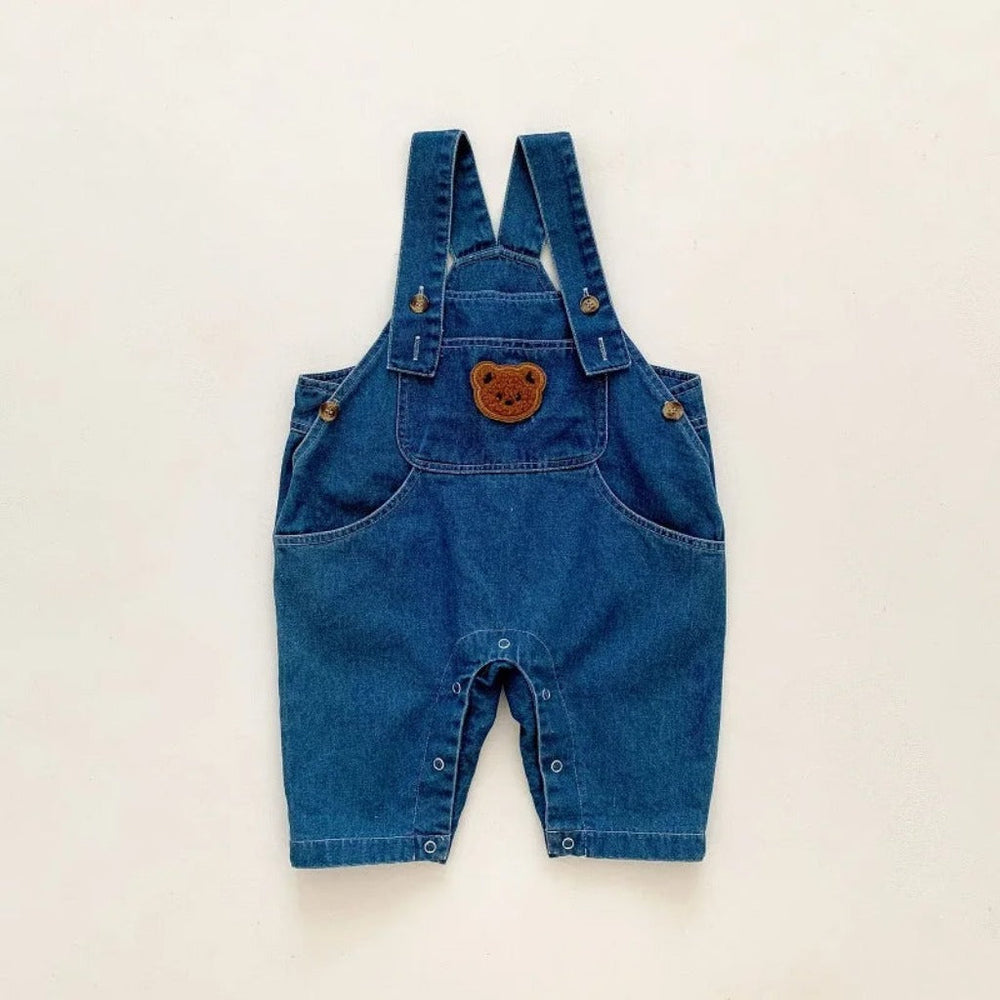 Denim jumpsuit and striped top set – bear applique, adjustable straps | Baby outfit