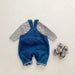 Denim jumpsuit and striped top set – bear applique, adjustable straps | Baby outfit