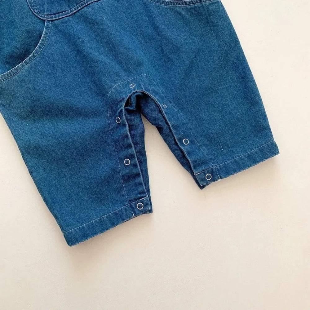 Denim jumpsuit and striped top set – bear applique, adjustable straps | Baby outfit