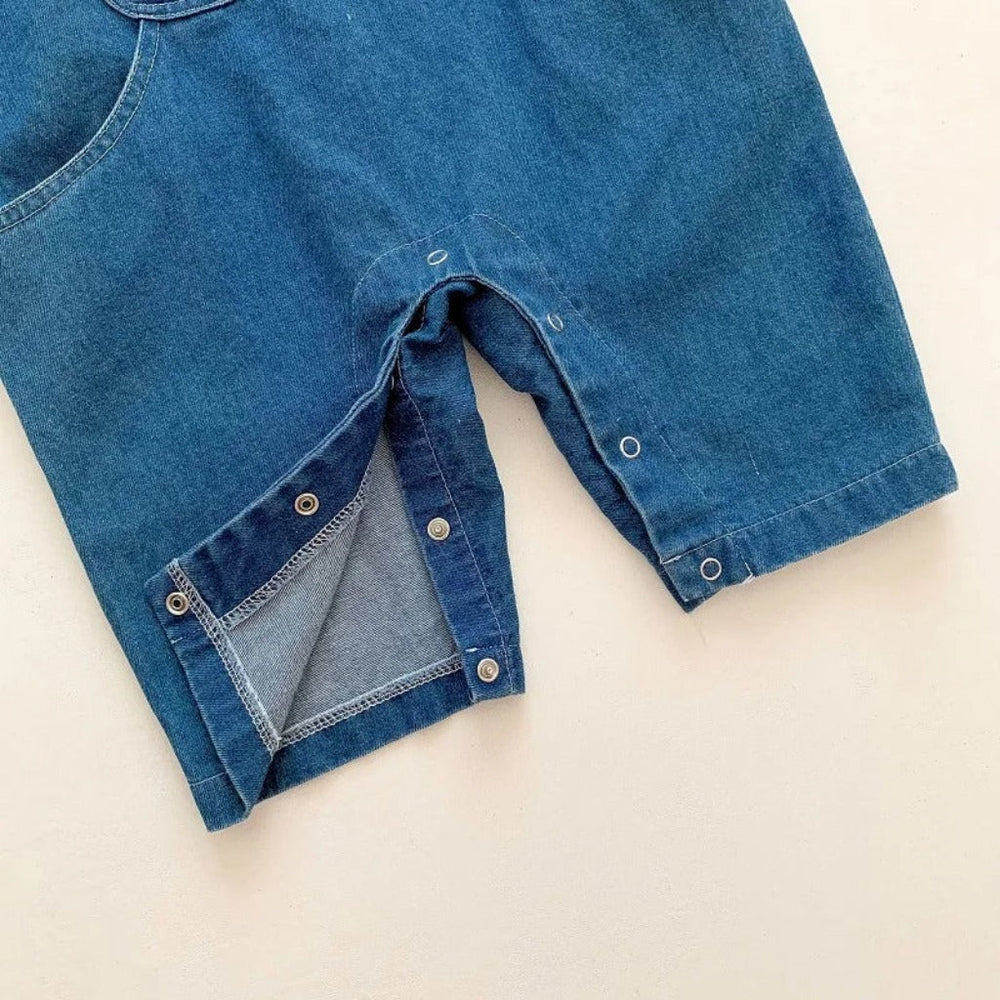 Denim jumpsuit and striped top set – bear applique, adjustable straps | Baby outfit