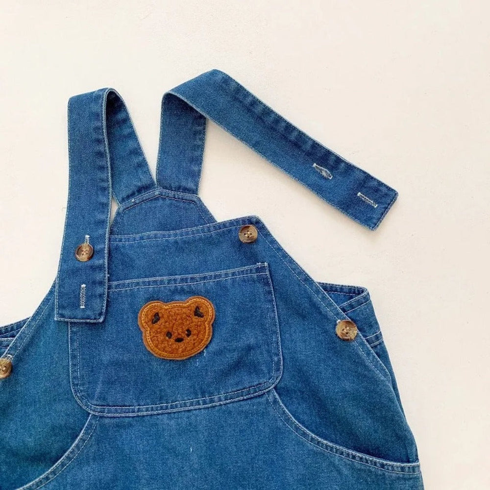 Denim jumpsuit and striped top set – bear applique, adjustable straps | Baby outfit