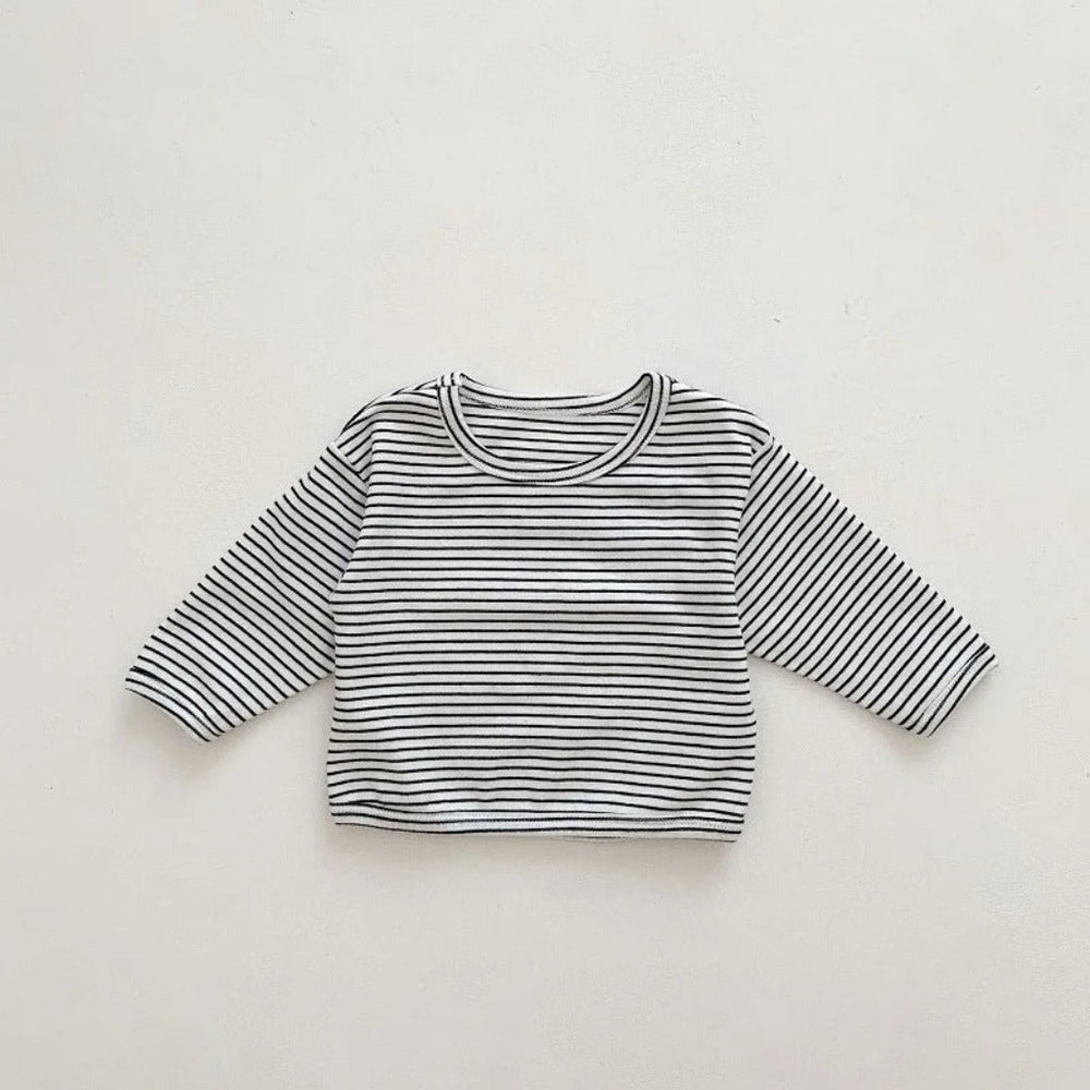 Denim jumpsuit and striped top set – bear applique, adjustable straps | Baby outfit