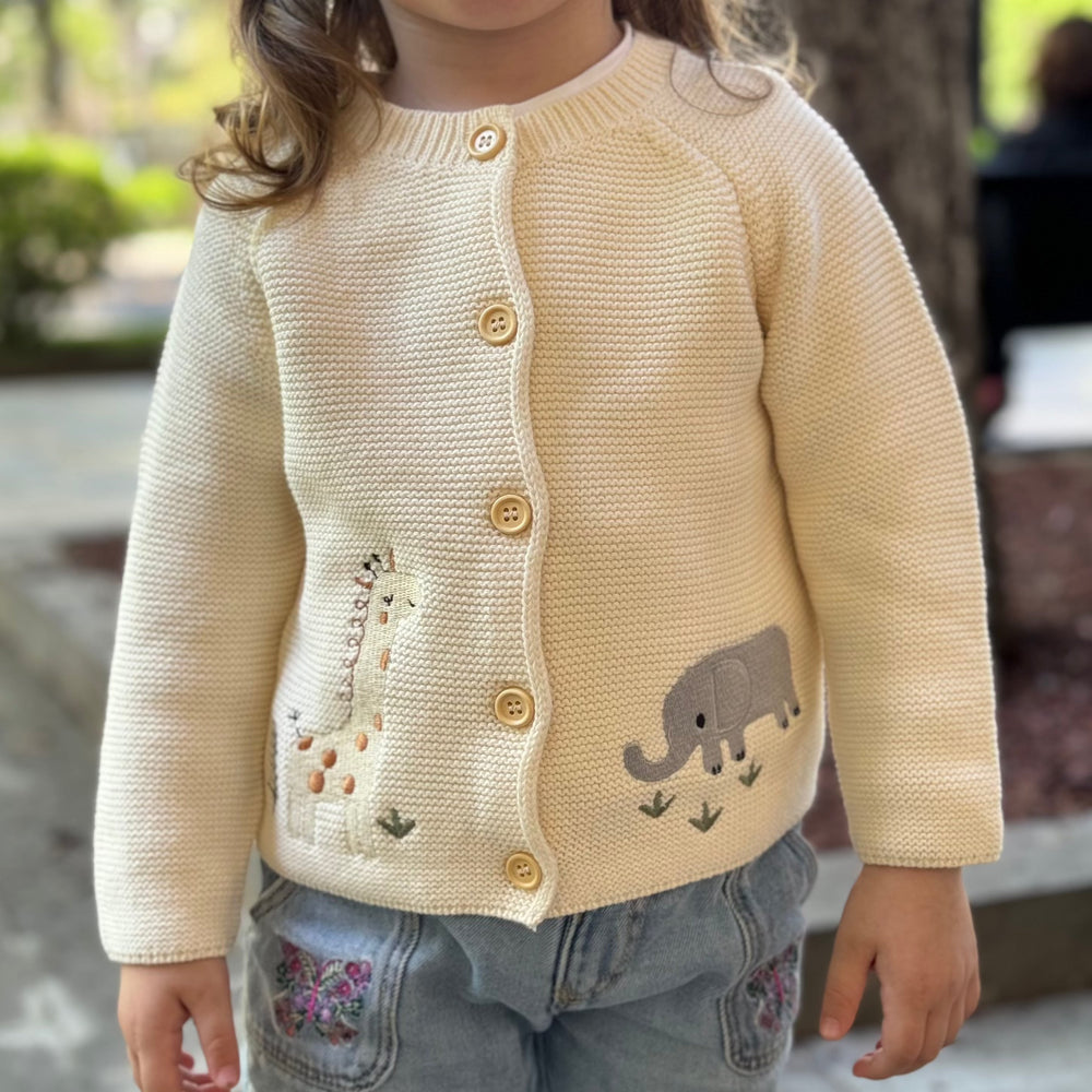 Baby animal knitted cardigan with soft cotton – button fastening, unisex | Baby knitwear