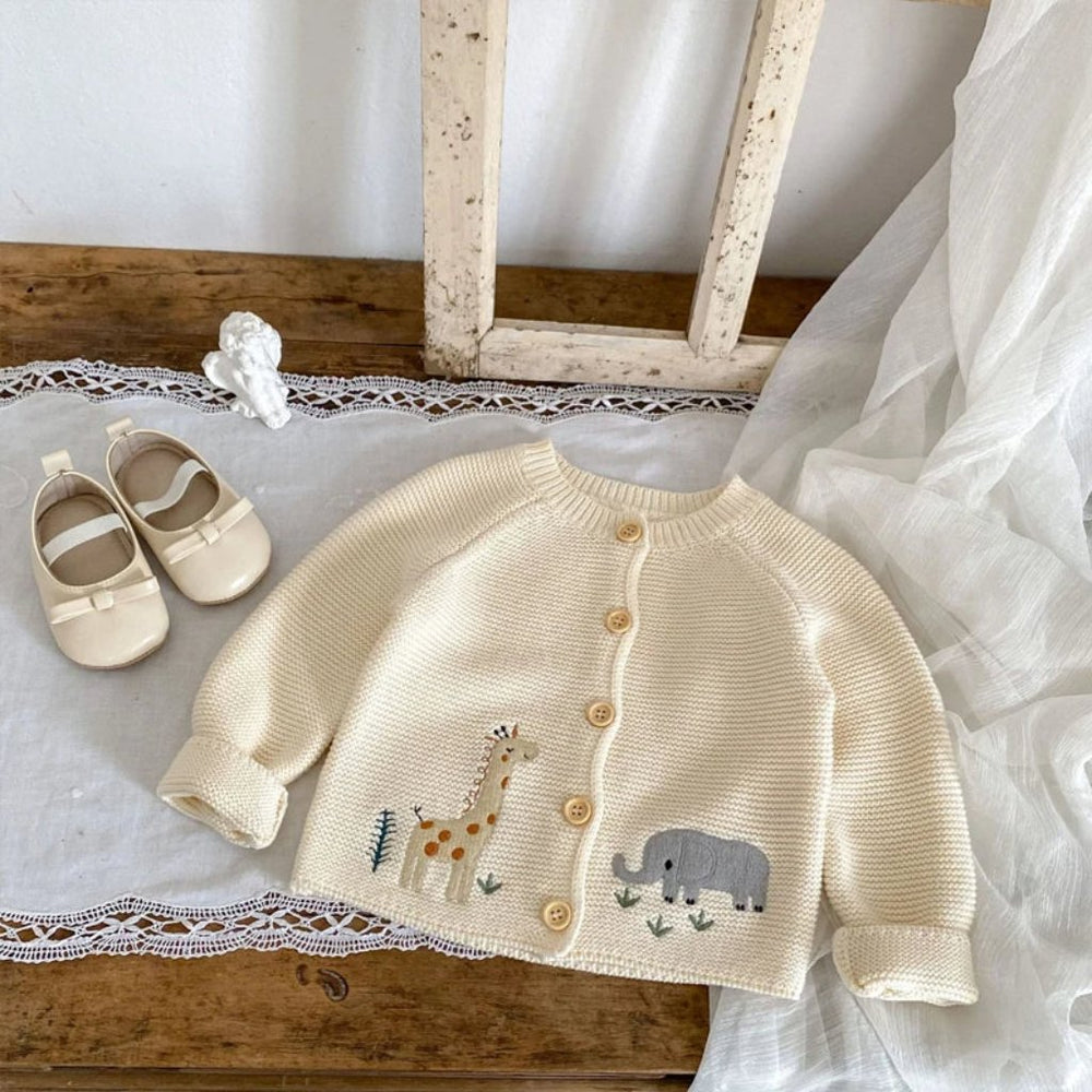 Baby animal knitted cardigan with soft cotton – button fastening, unisex | Baby knitwear