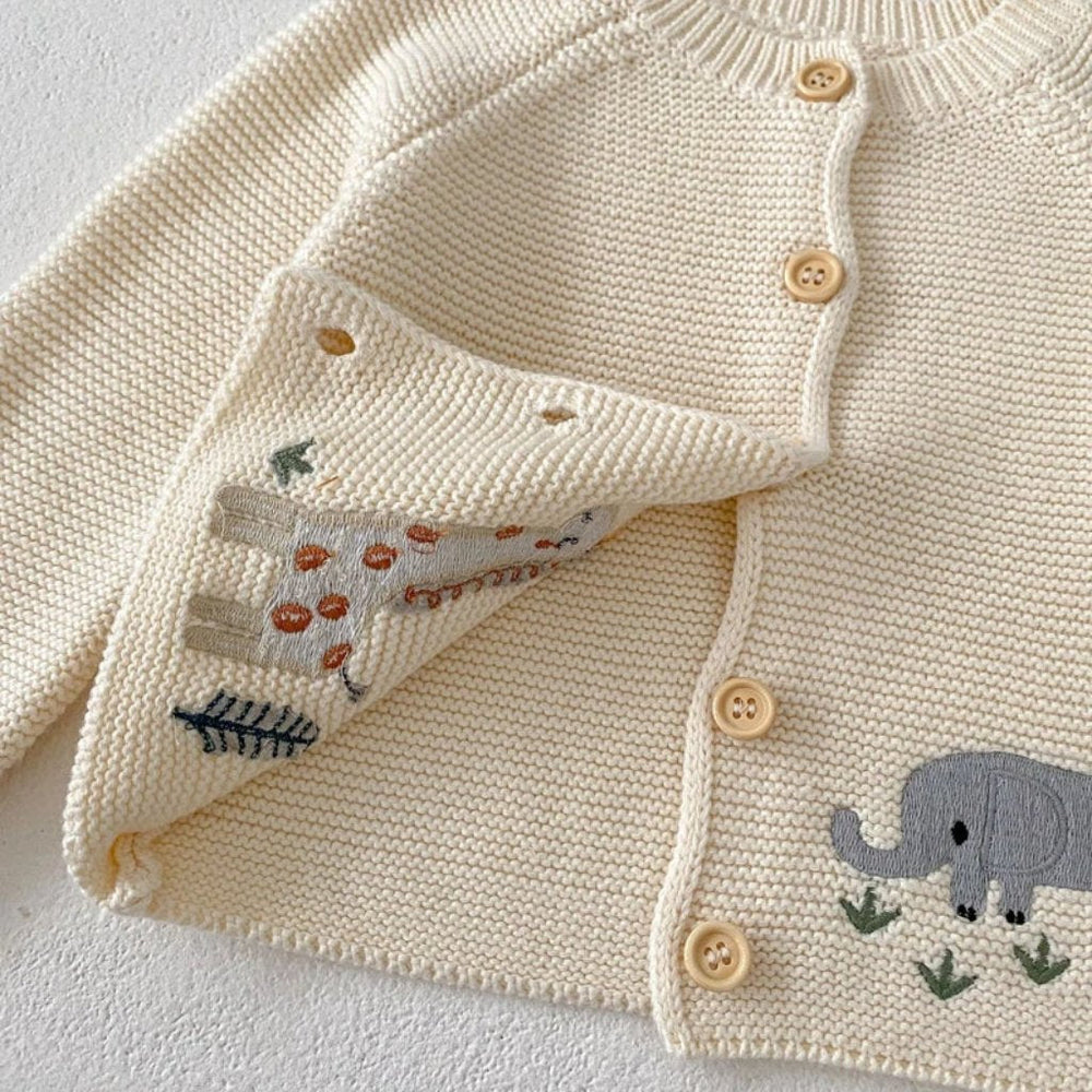 Baby animal knitted cardigan with soft cotton – button fastening, unisex | Baby knitwear