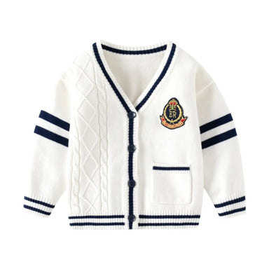 Boys' knitted cardigan with classic button fastening – striped detail, emblem | toddler & kids