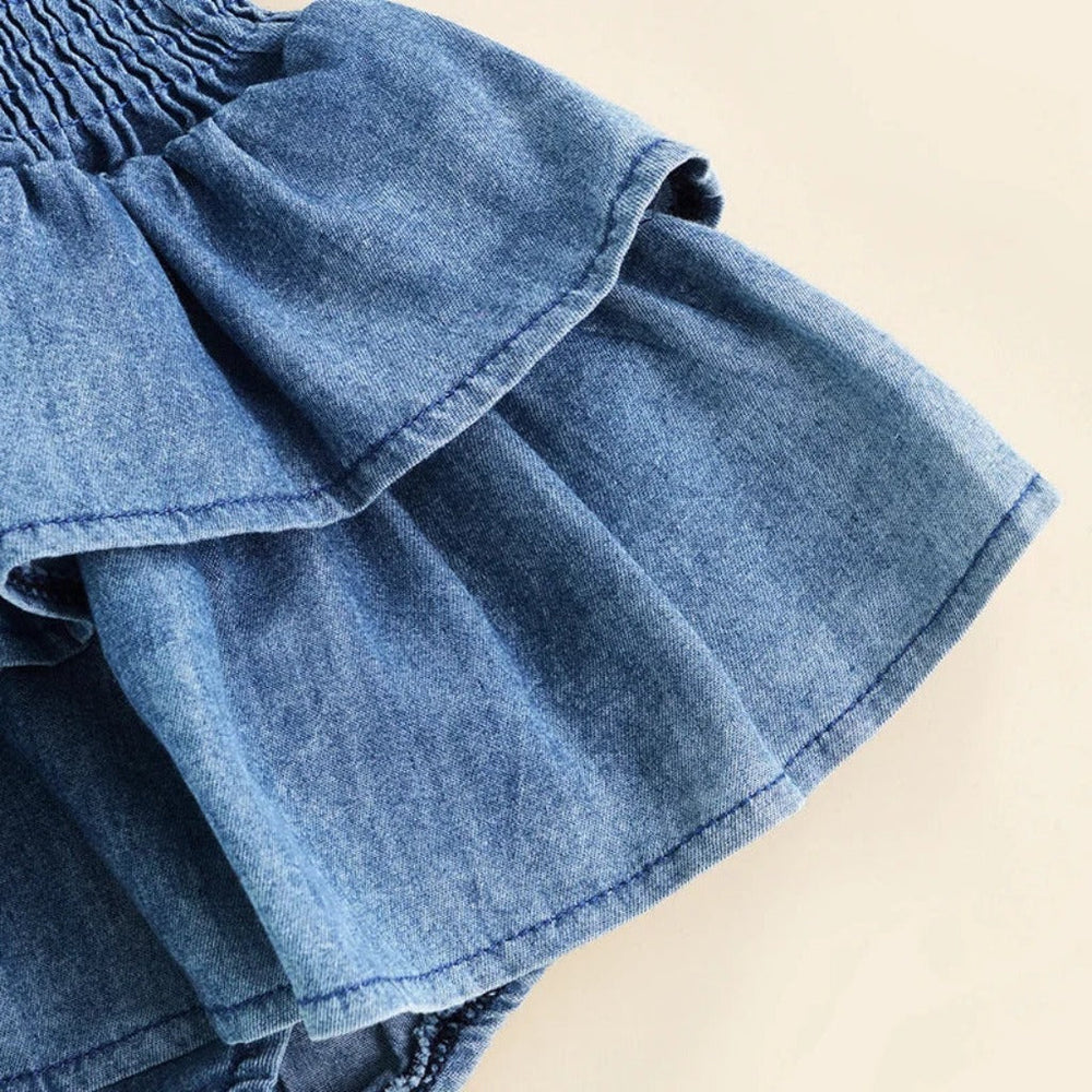 Denim cotton bodysuit dress – ruffle design, poppers, breathable | Baby girls