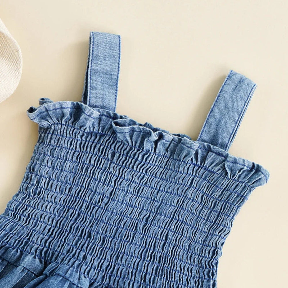 Denim cotton bodysuit dress – ruffle design, poppers, breathable | Baby girls