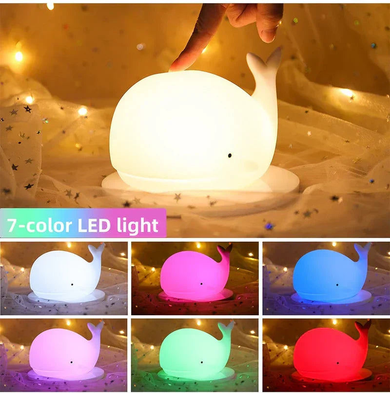 Whale night light with colour-changing LED – rechargeable, touch control | for kids' rooms