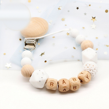 Personalised dummy chain with name – wooden beads, secure clip | baby gift