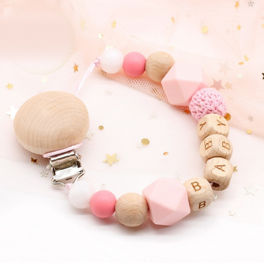 Personalised dummy chain with name – wooden beads, secure clip | baby gift